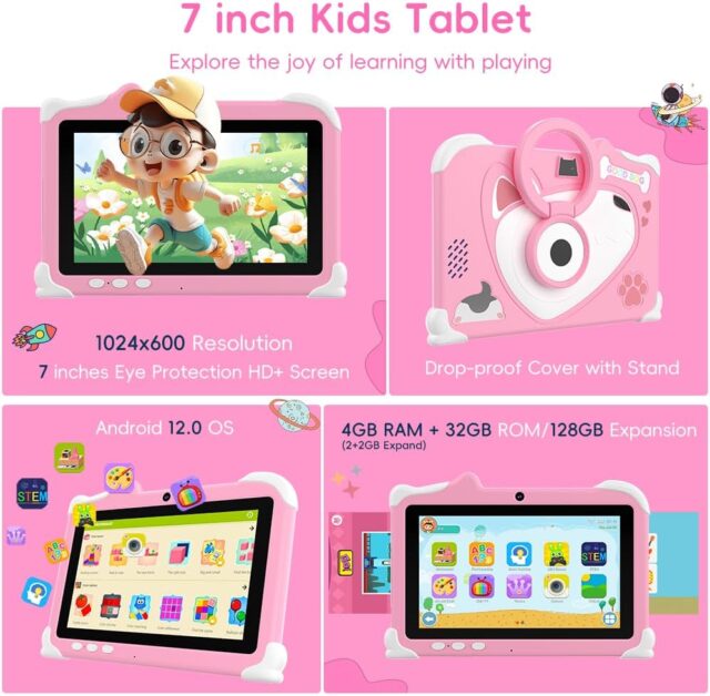 Tablet infantil Haidko D12 de 7 pulgadas con pantalla IPS, 8GB RAM y 128GB de almacenamiento, Android 14, cámaras frontal y trasera, funda antigolpes azul, para niños que estudian y juegan, foto 5 de 6