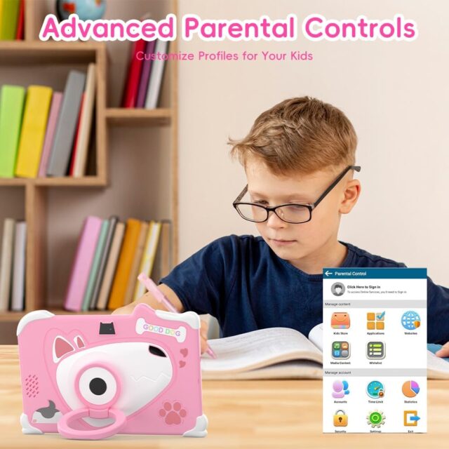 Tablet infantil Haidko D12 de 7 pulgadas con pantalla IPS, 8GB RAM y 128GB de almacenamiento, Android 14, cámaras frontal y trasera, funda antigolpes azul, para niños que estudian y juegan, foto 4 de 6