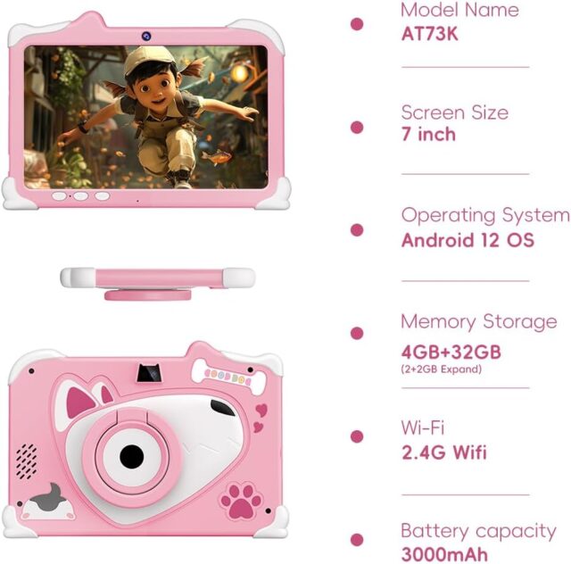 Tablet infantil Haidko D12 de 7 pulgadas con pantalla IPS, 8GB RAM y 128GB de almacenamiento, Android 14, cámaras frontal y trasera, funda antigolpes azul, para niños que estudian y juegan, foto 3 de 6