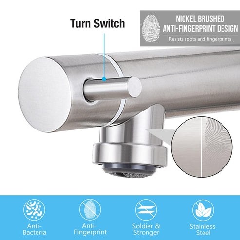Grifo de cocina con rociador de acero inoxidable cepillado, dos modos de pulverización con chorro aireado y spray de preenjuague, altura de 16 pulgadas (40,6 cm) y líneas de agua de 27,5 pulgadas, foto 2 de 5