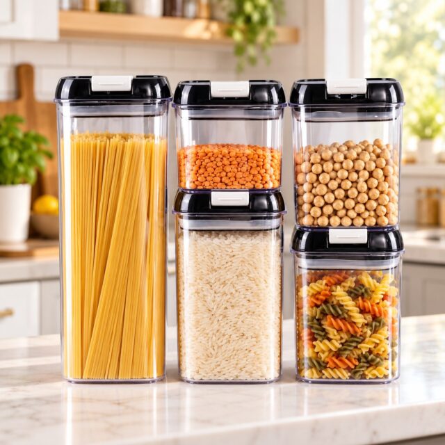 Set hermético de 5 envases de plástico para despensa, con tapas negras y blancas, cierre hermético anti fugas y capacidades de 1.9 L, 1.2 L, 0.8 L (x2) y 0.5 L, para granos, pastas y cereales, foto 1 de 4