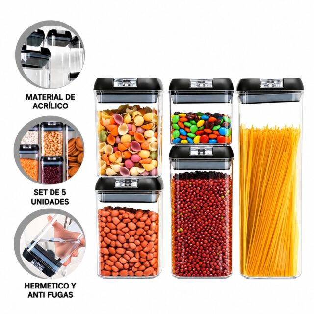 Set hermético de 5 envases de plástico para despensa, con tapas negras y blancas, cierre hermético anti fugas y capacidades de 1.9 L, 1.2 L, 0.8 L (x2) y 0.5 L, para granos, pastas y cereales, foto 2 de 4