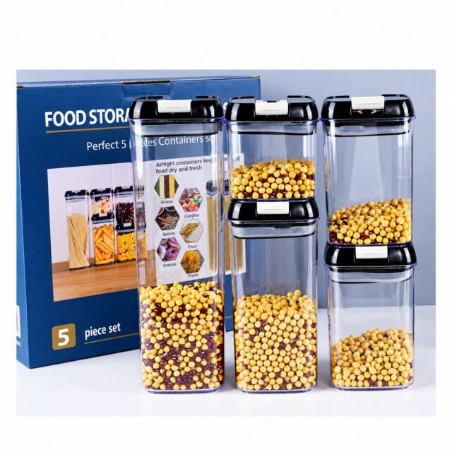 Set hermético de 5 envases de plástico para despensa, con tapas negras y blancas, cierre hermético anti fugas y capacidades de 1.9 L, 1.2 L, 0.8 L (x2) y 0.5 L, para granos, pastas y cereales, foto 3 de 4