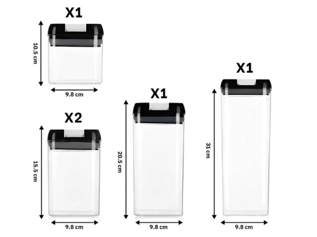 Set hermético de 5 envases de plástico para despensa, con tapas negras y blancas, cierre hermético anti fugas y capacidades de 1.9 L, 1.2 L, 0.8 L (x2) y 0.5 L, para granos, pastas y cereales, foto 4 de 4