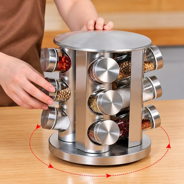 Especiero de acero inoxidable con 12 frascos de vidrio transparente para identificar cada especia, base giratoria de 360 grados y formato de torre vertical para ahorrar espacio en la encimera, foto 1 de 10