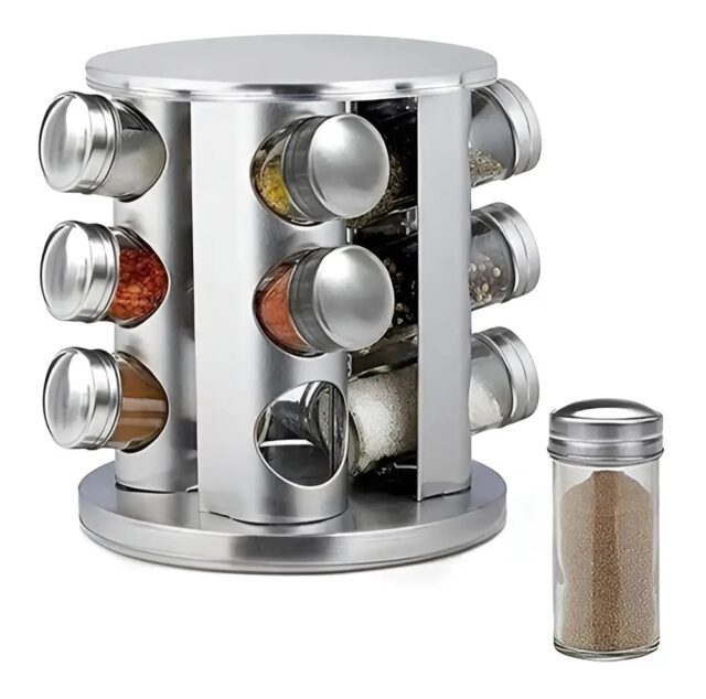 Especiero de acero inoxidable con 12 frascos de vidrio transparente para identificar cada especia, base giratoria de 360 grados y formato de torre vertical para ahorrar espacio en la encimera, foto 3 de 10
