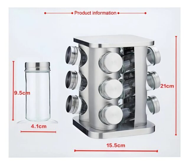 Especiero de acero inoxidable con 12 frascos de vidrio transparente para identificar cada especia, base giratoria de 360 grados y formato de torre vertical para ahorrar espacio en la encimera, foto 5 de 10