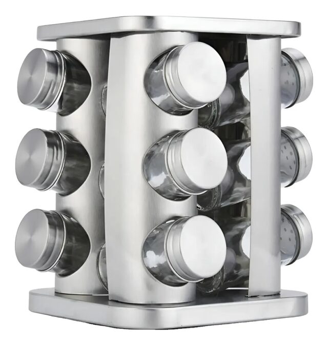 Especiero de acero inoxidable con 12 frascos de vidrio transparente para identificar cada especia, base giratoria de 360 grados y formato de torre vertical para ahorrar espacio en la encimera, foto 7 de 10