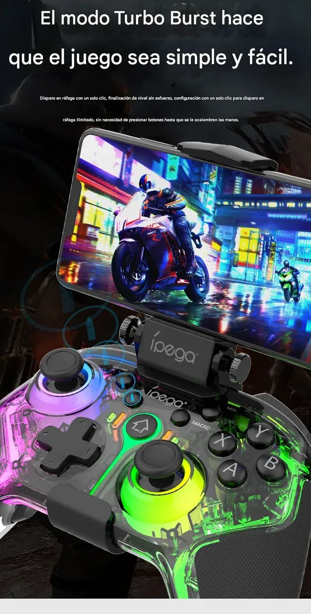 Control inalámbrico Bluetooth iPega PG-9666HH negro con luces RGB, compatible con Android, iOS MFI, PC, Switch, PS3 y PS4, con turbo, macros, programación de botones y vibración dual, foto 3 de 9