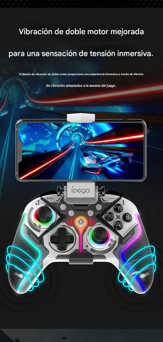 Control inalámbrico Bluetooth iPega PG-9666HH negro con luces RGB, compatible con Android, iOS MFI, PC, Switch, PS3 y PS4, con turbo, macros, programación de botones y vibración dual, foto 5 de 9