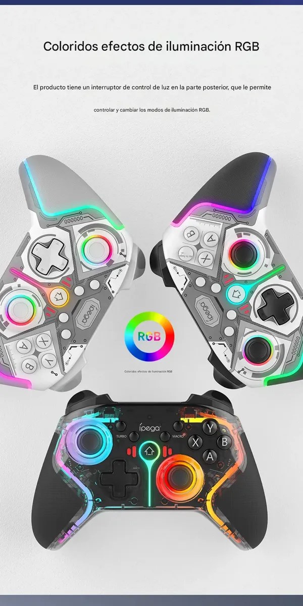 Control inalámbrico Bluetooth iPega PG-9666HH negro con luces RGB, compatible con Android, iOS MFI, PC, Switch, PS3 y PS4, con turbo, macros, programación de botones y vibración dual, foto 6 de 9