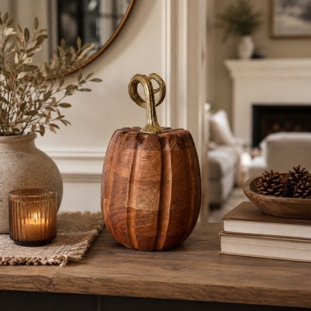 Calabaza decorativa de madera natural sólida con tallo metálico dorado de 30 cm de alto y 1.62 kg, pieza de decoración para sala, cocina, comedor, oficina o recibidor con estilo otoñal o moderno, foto 1 de 3