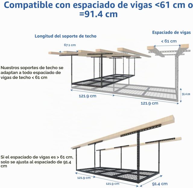 Estante de techo para garaje FLEXIMOUNTS de metal con capacidad de 750 libras, medida 3x8, altura ajustable de 22 a 40 pulgadas y color negro, para guardar herramientas y artículos de temporada, foto 4 de 6