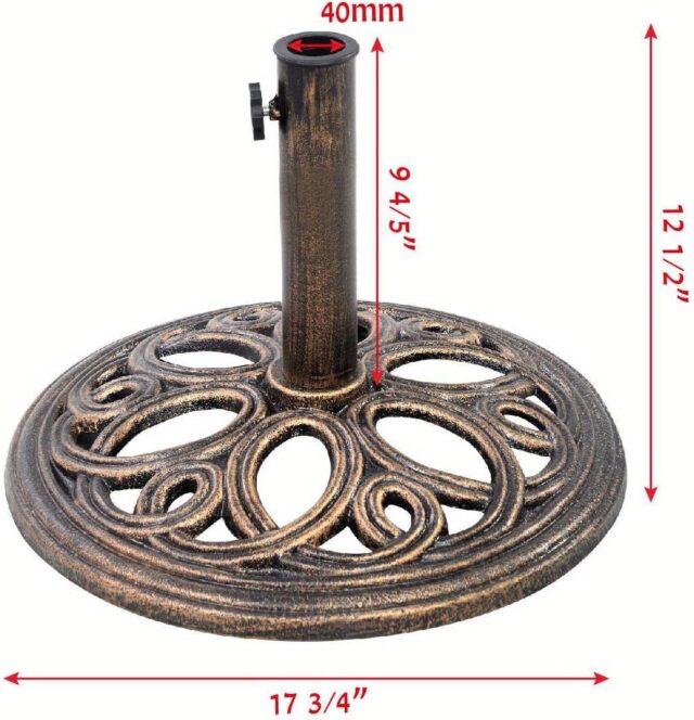 Soporte para sombrilla de patio de hierro fundido, redondo, color bronce con diseño floral, de 10.4 kg y 45 cm, firme para terraza, jardín y césped, ideal para espacios exteriores, foto 5 de 5