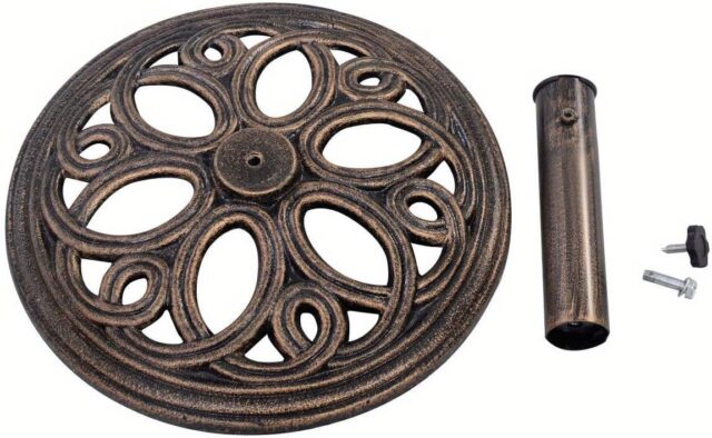 Soporte para sombrilla de patio de hierro fundido, redondo, color bronce con diseño floral, de 10.4 kg y 45 cm, firme para terraza, jardín y césped, ideal para espacios exteriores, foto 2 de 5