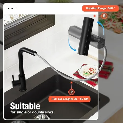 Grifo de cocina con 4 modos de salida, núcleo cerámico, rotación 360°, mangueras de agua caliente y fría de 65 cm, ideal para fregaderos simples o dobles, foto 2 de 5