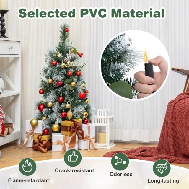 Árbol de Navidad artificial compacto 90 cm con 98 puntas, 30 luces LED cálidas, temporizador y decoración de piñas y hojas para espacios pequeños, foto 3 de 6