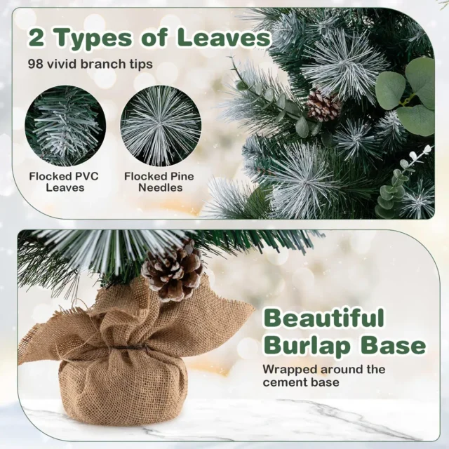 Árbol de Navidad artificial compacto 90 cm con 98 puntas, 30 luces LED cálidas, temporizador y decoración de piñas y hojas para espacios pequeños, foto 5 de 6