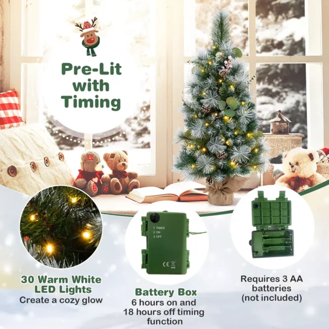 Árbol de Navidad artificial compacto 90 cm con 98 puntas, 30 luces LED cálidas, temporizador y decoración de piñas y hojas para espacios pequeños, foto 4 de 6