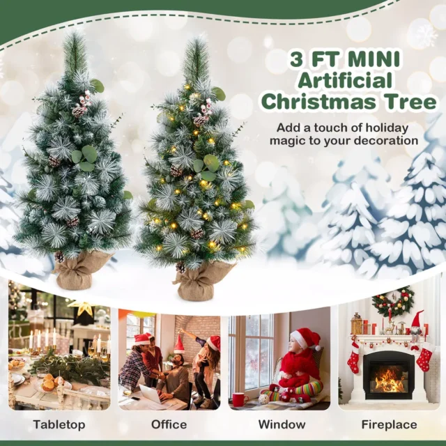 Árbol de Navidad artificial compacto 90 cm con 98 puntas, 30 luces LED cálidas, temporizador y decoración de piñas y hojas para espacios pequeños, foto 2 de 6
