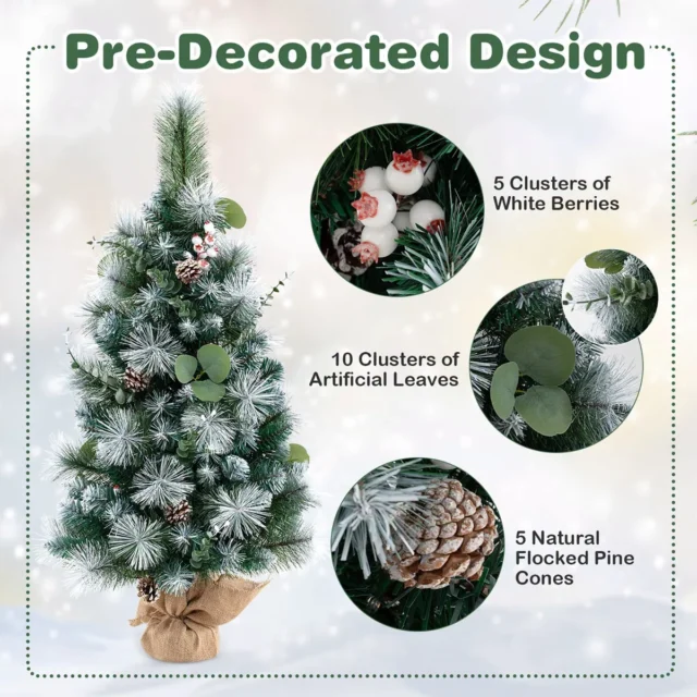 Árbol de Navidad artificial compacto 90 cm con 98 puntas, 30 luces LED cálidas, temporizador y decoración de piñas y hojas para espacios pequeños, foto 1 de 6