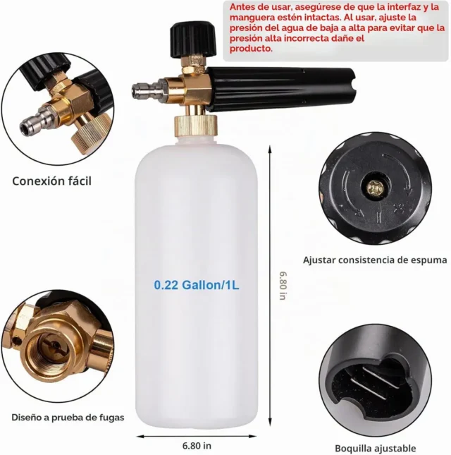 Pistola de lavado de alta presión con cañón de espuma 1 litro y 5 boquillas intercambiables para carro, moto, patio y hogar, foto 5 de 7