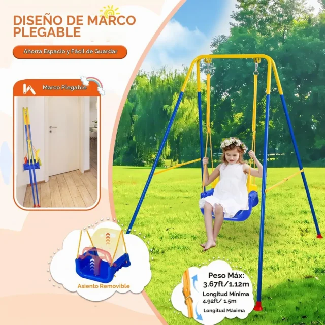 Columpio infantil 3 en 1 con hamaca para bebé, marco metálico plegable, fácil montaje y almacenamiento, para interiores y exteriores, foto 4 de 6