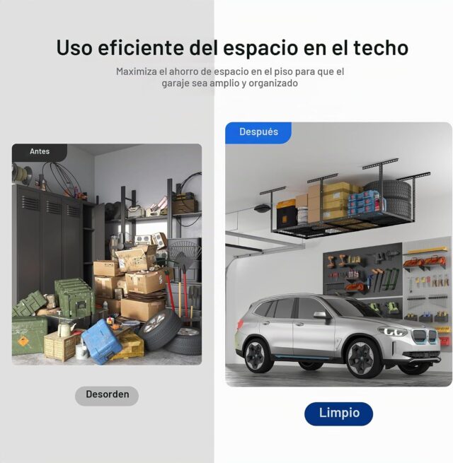 Estante de techo para garaje FLEXIMOUNTS de metal con capacidad de 750 libras, medida 3x8, altura ajustable de 22 a 40 pulgadas y color negro, para guardar herramientas y artículos de temporada, foto 3 de 6