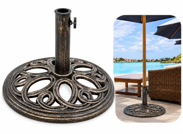 Soporte para sombrilla de patio de hierro fundido, redondo, color bronce con diseño floral, de 10.4 kg y 45 cm, firme para terraza, jardín y césped, ideal para espacios exteriores, foto 1 de 5
