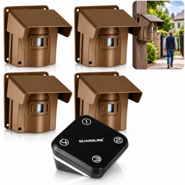Sistema de alarma inalámbrica Guardline con sensor de movimiento y receptor, para exteriores y entrada de vehículos, resistente a la intemperie, detecta movimiento y calor de día o de noche, 915 MHz, foto 1 de 7