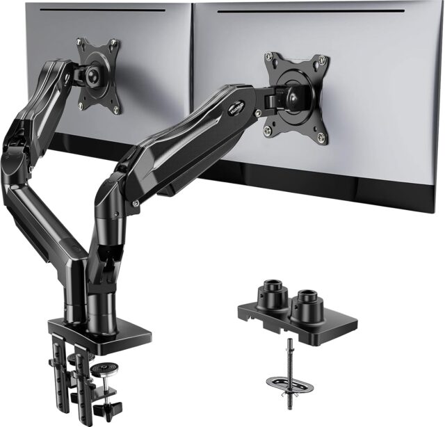 Soporte doble para monitor de escritorio de acero aleado negro, compatible con pantallas de 13 a 32 pulgadas, VESA 75x75 y 100x100 mm, inclinación, giro y ajuste de altura con abrazadera en C, foto 1 de 7
