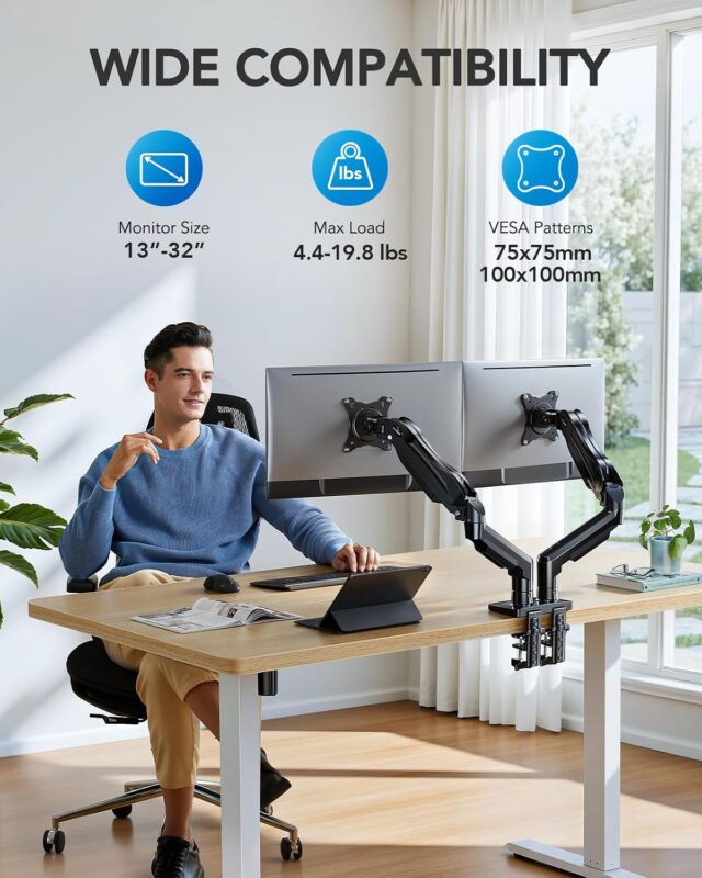 Soporte doble para monitor de escritorio de acero aleado negro, compatible con pantallas de 13 a 32 pulgadas, VESA 75x75 y 100x100 mm, inclinación, giro y ajuste de altura con abrazadera en C, foto 2 de 7