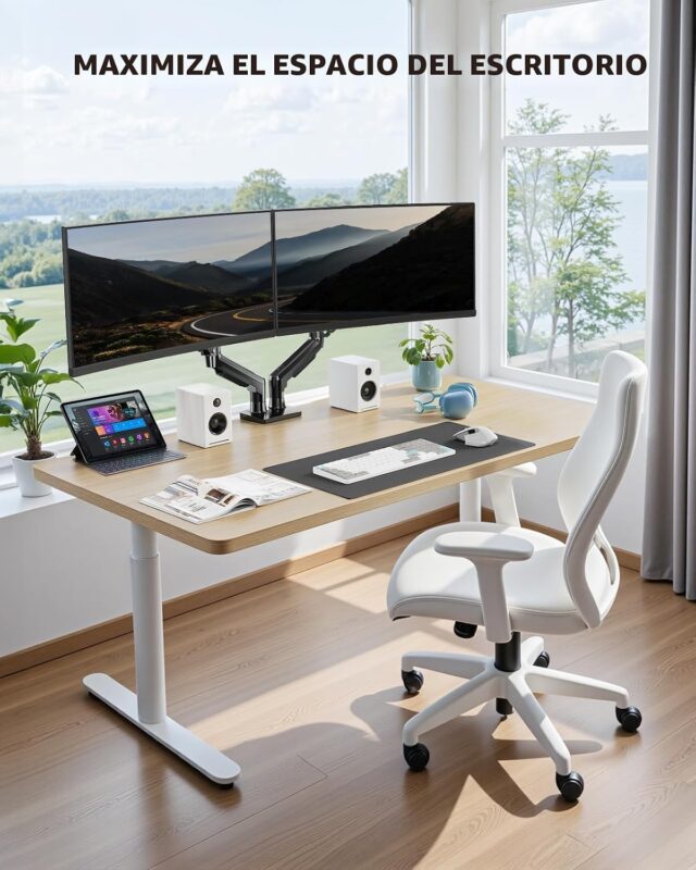 Soporte doble para monitor de escritorio de acero aleado negro, compatible con pantallas de 13 a 32 pulgadas, VESA 75x75 y 100x100 mm, inclinación, giro y ajuste de altura con abrazadera en C, foto 4 de 7