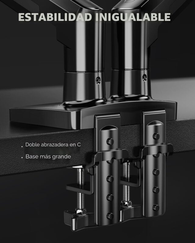Soporte doble para monitor de escritorio de acero aleado negro, compatible con pantallas de 13 a 32 pulgadas, VESA 75x75 y 100x100 mm, inclinación, giro y ajuste de altura con abrazadera en C, foto 6 de 7