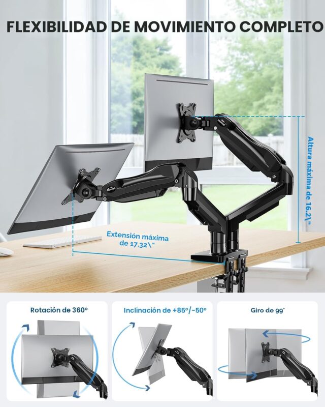 Soporte doble para monitor de escritorio de acero aleado negro, compatible con pantallas de 13 a 32 pulgadas, VESA 75x75 y 100x100 mm, inclinación, giro y ajuste de altura con abrazadera en C, foto 7 de 7