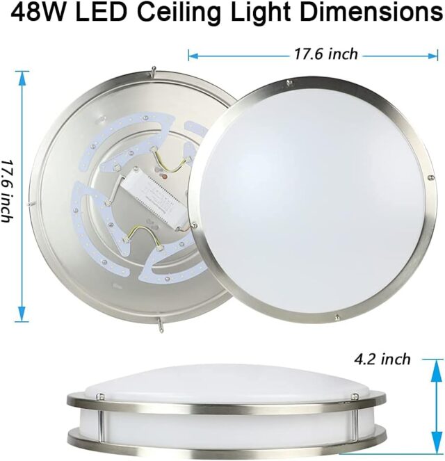 Lámpara de techo LED empotrada redonda de 48 W y 17,6 pulgadas, regulable del 10 al 100 % con control remoto, tres tonos de luz de 3000 a 6000 K y temporizador, para cocinas, baños y pasillos, foto 4 de 5
