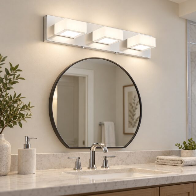 Lampara para tocador para baño en acabado cromo, con acero inoxidable anticorrosión y pantalla acrílica irrompible, LED regulable con luz uniforme, alta reproducción cromática y hasta 50.000 horas, foto 1 de 6