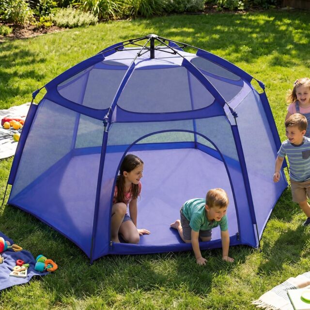 Tienda de campaña infantil plegable con corralito de juegos, malla transpirable que cubre todo el cuerpo y techo de tela extraíble con protección UV 50+, marco liviano para interiores y exteriores, foto 1 de 9