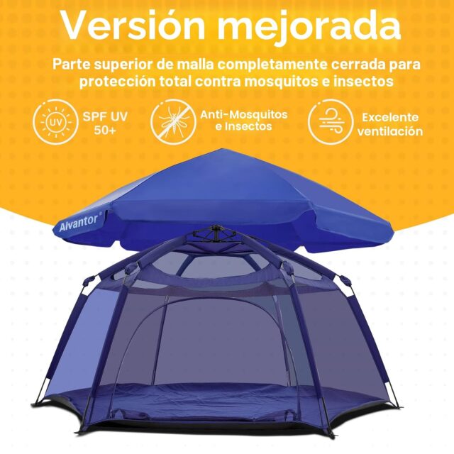 Tienda de campaña infantil plegable con corralito de juegos, malla transpirable que cubre todo el cuerpo y techo de tela extraíble con protección UV 50+, marco liviano para interiores y exteriores, foto 6 de 9