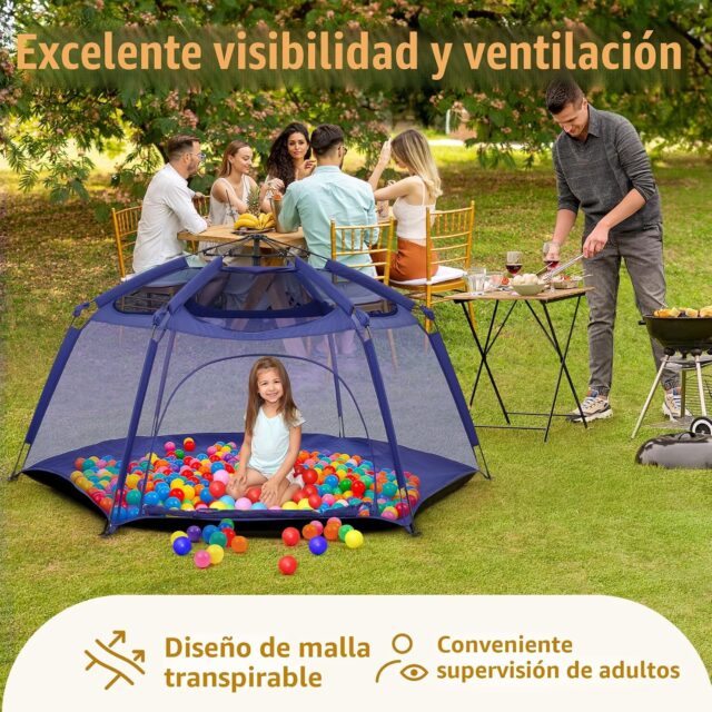 Tienda de campaña infantil plegable con corralito de juegos, malla transpirable que cubre todo el cuerpo y techo de tela extraíble con protección UV 50+, marco liviano para interiores y exteriores, foto 8 de 9