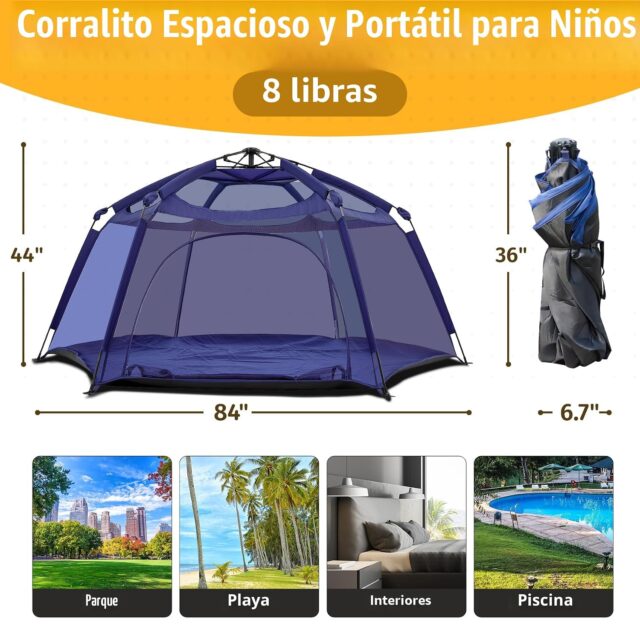 Tienda de campaña infantil plegable con corralito de juegos, malla transpirable que cubre todo el cuerpo y techo de tela extraíble con protección UV 50+, marco liviano para interiores y exteriores, foto 9 de 9