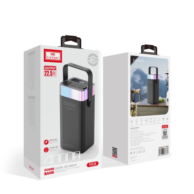 Batería de emergencia Earldom ET-PD38 con capacidad de 40 000 mAh, batería de polímero de litio, indicador LED de nivel de batería, conversión de alta eficiencia y acabado negro, para cargar celulares, foto 2 de 5