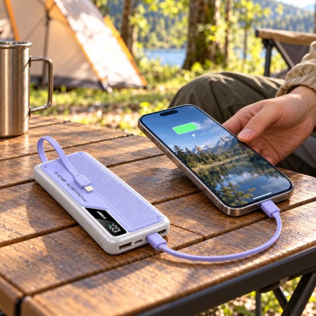 Batería de emergencia power bank naranja de 10000 mAh con celda de polímero de litio integrada y cables incorporados para cargar teléfonos móviles, con carcasa de material ABS y formato portátil, foto 1 de 4