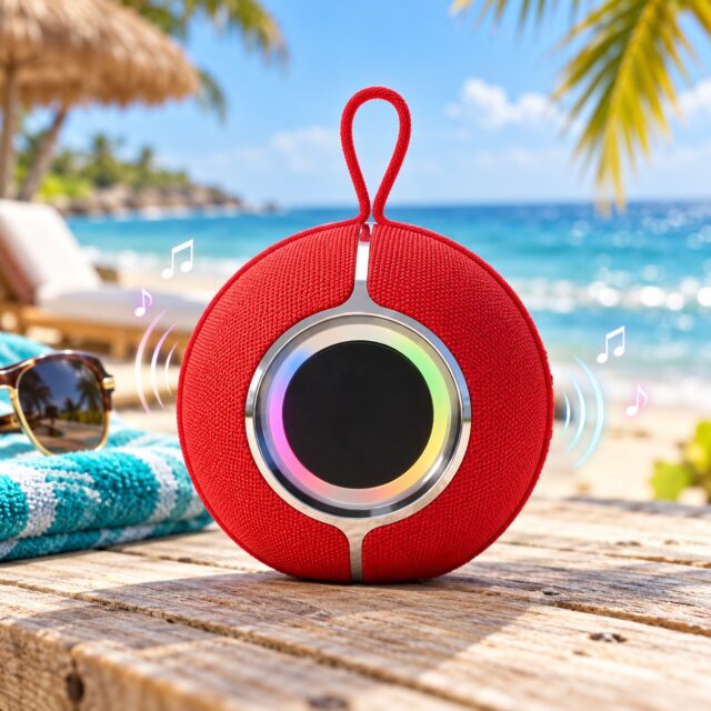 Bocina Bluetooth portátil roja con Bluetooth 5.0, batería de 1200 mAh para 5-6 horas, luces integradas, entrada USB y lector de tarjeta TF, sonido con énfasis en bajos, para picnic y viajes, foto 1 de 4