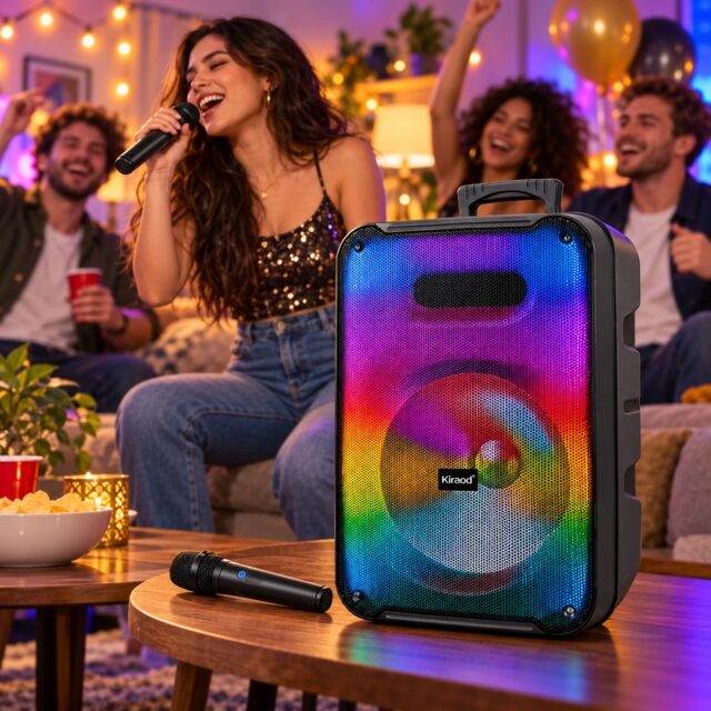 Parlante Bluetooth portátil KTS-2232 negro con luces LED de colores, dos micrófonos inalámbricos incluidos y asa de transporte, para karaoke, fiestas y música en reuniones familiares, foto 1 de 7