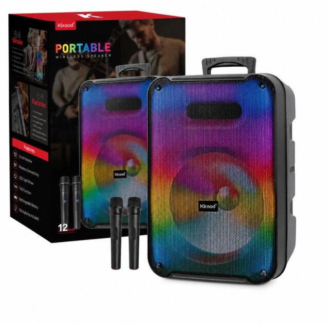 Parlante Bluetooth portátil KTS-2232 negro con luces LED de colores, dos micrófonos inalámbricos incluidos y asa de transporte, para karaoke, fiestas y música en reuniones familiares, foto 2 de 7