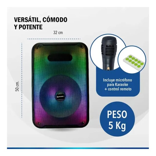 Parlante Bluetooth portátil KTS-2232 negro con luces LED de colores, dos micrófonos inalámbricos incluidos y asa de transporte, para karaoke, fiestas y música en reuniones familiares, foto 4 de 7