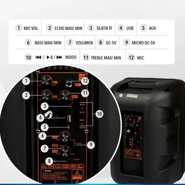 Parlante Bluetooth portátil KTS-2232 negro con luces LED de colores, dos micrófonos inalámbricos incluidos y asa de transporte, para karaoke, fiestas y música en reuniones familiares, foto 6 de 7