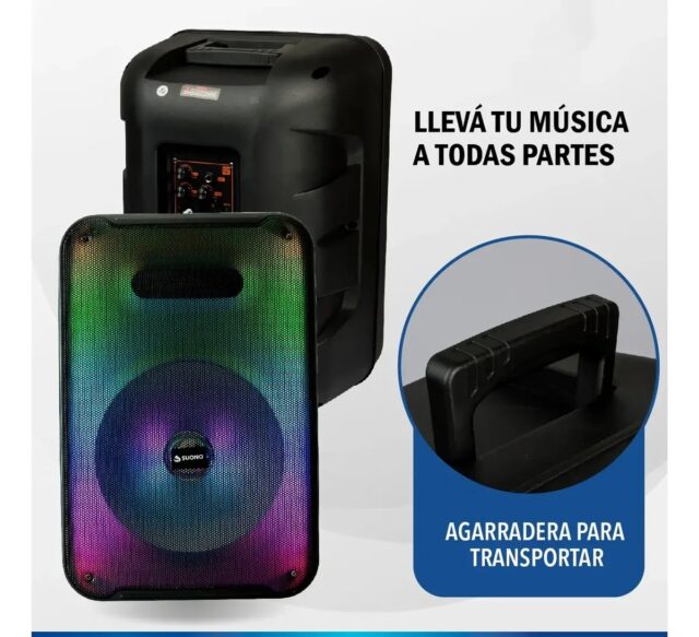 Parlante Bluetooth portátil KTS-2232 negro con luces LED de colores, dos micrófonos inalámbricos incluidos y asa de transporte, para karaoke, fiestas y música en reuniones familiares, foto 7 de 7
