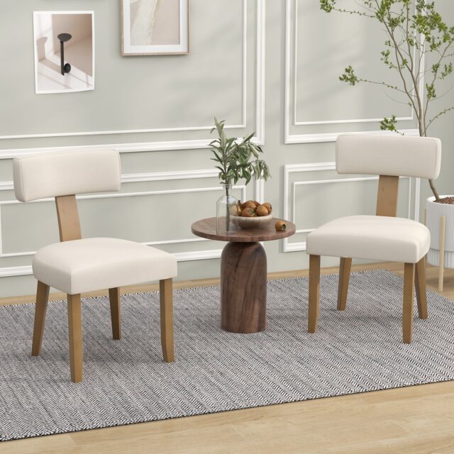 Juego de 2 sillas de comedor con respaldo curvo y asiento acolchado en beige, estructura de madera de caucho y contrachapada, patas con almohadillas antideslizantes, soporta hasta 396 lbs (180 kg), foto 1 de 9